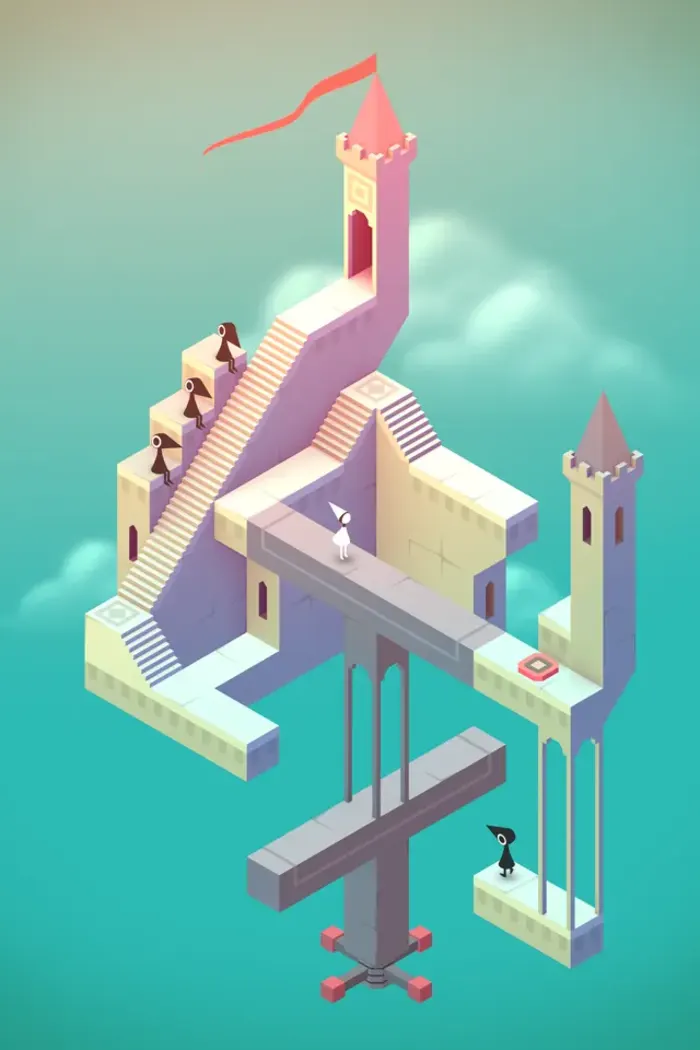 Pastel tower in Monument Valley with staircases meeting at an impossible angle