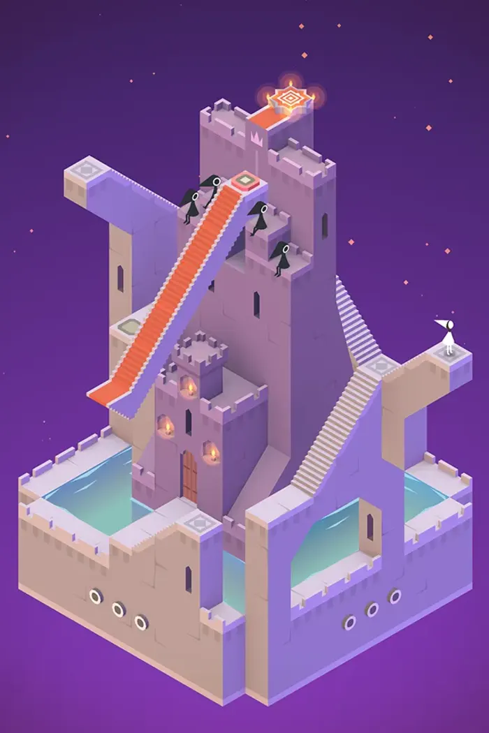 Violet structure in Monument Valley seen from an isometric angle