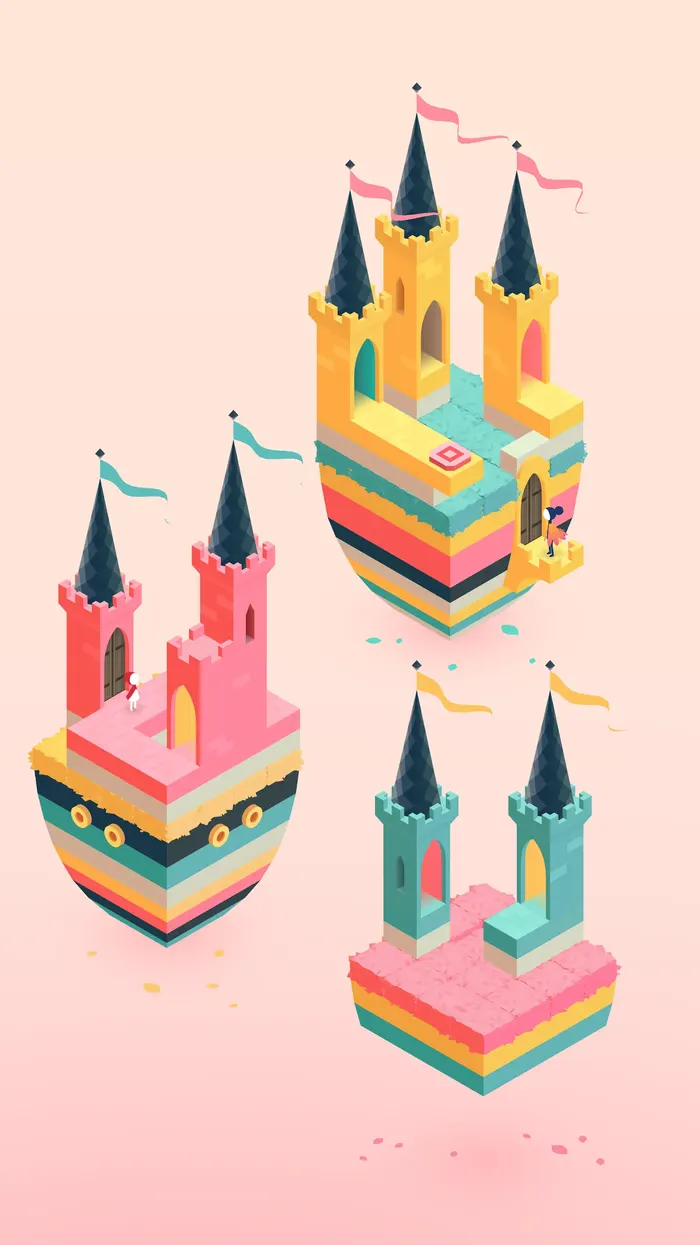 Two figures on a pink tower in Monument Valley 2