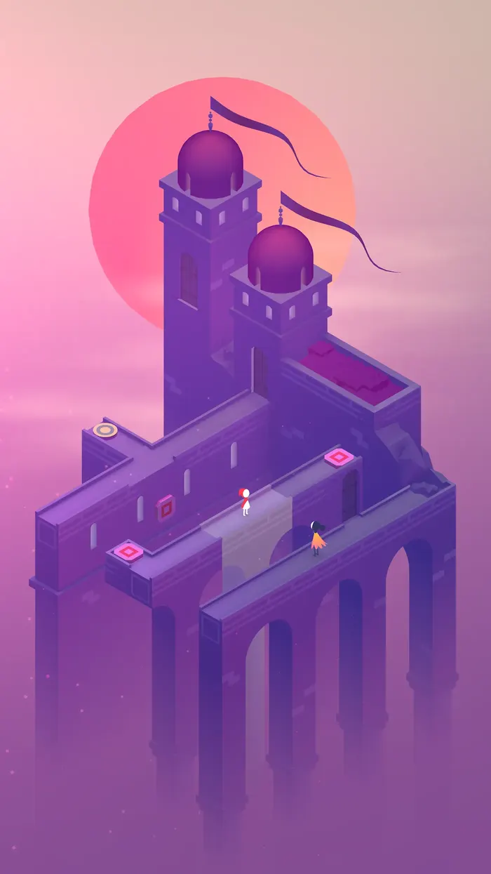 Violet castle silhouette against a red sky in Monument Valley 2